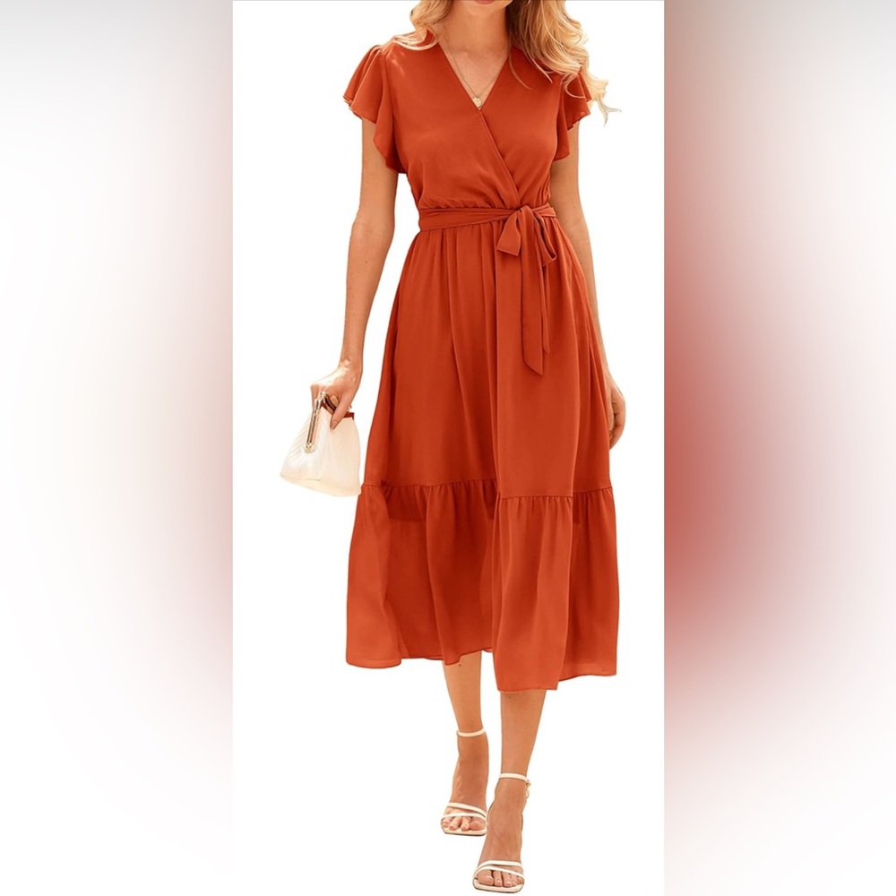 Rust / Burnt Orange Wrap Midi Dress | Flutter Sleeves | Size Medium